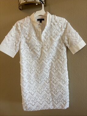 Banana Republic White Textured Shift Dress XS Embroidered Collared Mini